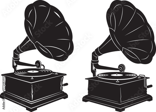 Vintage gramophone record player silhouette pair