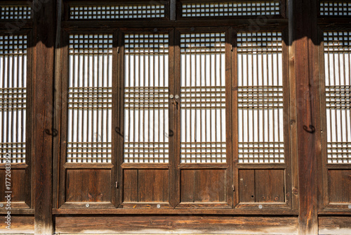 Traditional Korean Wooden Door with Lattice Window Panels