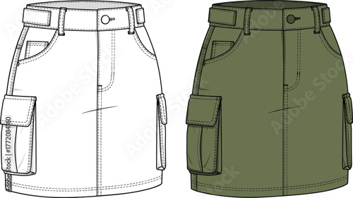 Cargo pocket mini skirt front and back technical CAD drawing, flat vector fashion design template for apparel production and specification