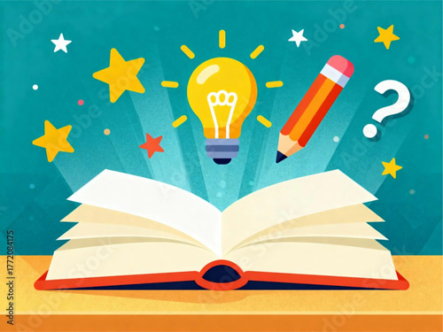 Book of Ideas Open Book with Light Bulb, Pencil, and Stars - Illustration
