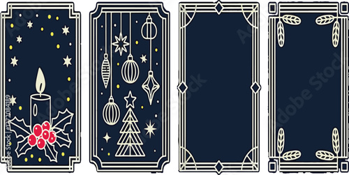 Festive Christmas Decorative Frames with Candle and Ornaments on Dark Blue Background Keywords: Christmas, holiday