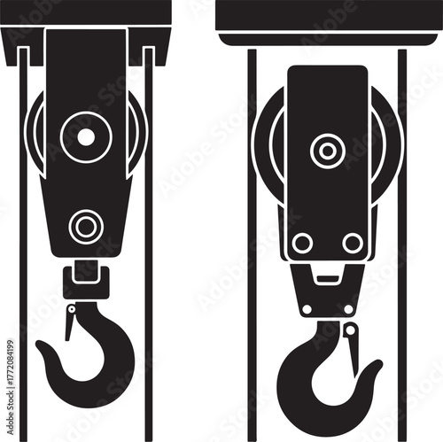 Two industrial pulley systems with hooks silhouette