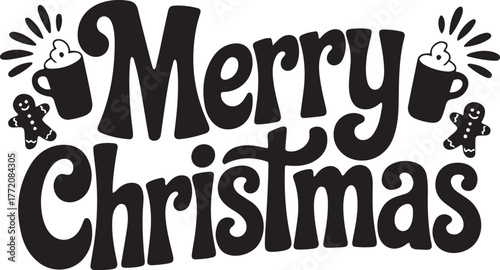 Merry christmas black and white textured typography with festive icons and hot drinks isolated on transparent background