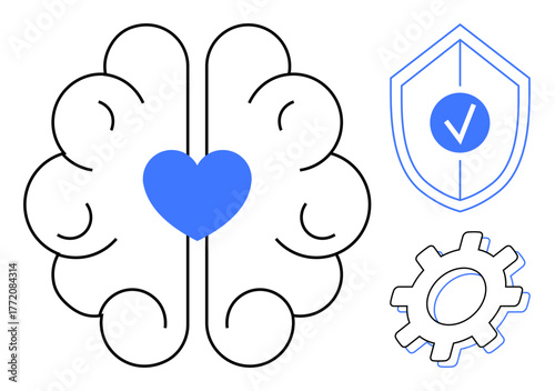 Brain with blue heart at center, shield with checkmark, and gear symbol. Ideal for mental health, emotional intelligence, innovation, security, healthcare, personal growth technology concepts