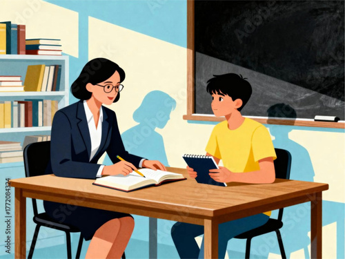 Teacher and student studying together at a desk in a classroom setting