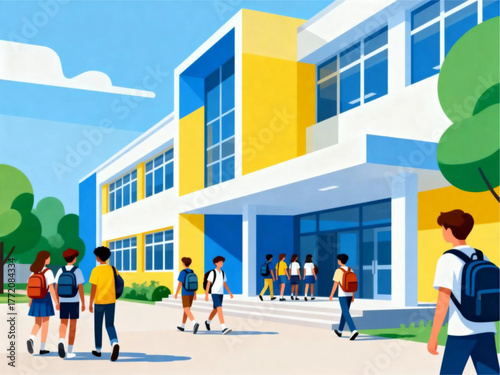 Students walking towards a bright, modern school building with trees in the background on a sunny day