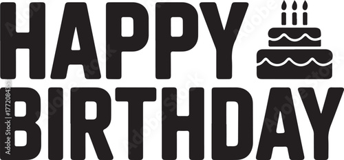 Happy birthday bold typographic text with festive cake icon celebration message isolated on transparent background