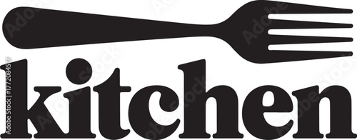 Rustic fork above bold kitchen wordmark emblem for culinary concepts isolated on transparent background