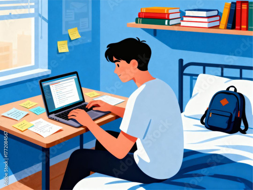 Focused Young Coder Mastering Digital Skills Remotely on Laptop in a Modern Student Bedroom Setting