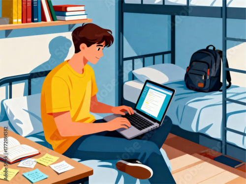 Young man working on a laptop in a dormitory room, with books and a backpack nearby
