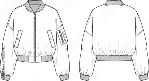 Stylish bomber jacket technical flat sketch, detailed CAD drawing fashion vector illustration, unisex outerwear design template for clothing production and pattern making