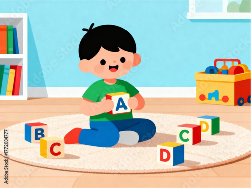 Cute cartoon boy playing with alphabet blocks on a rug