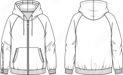 Hooded sweatshirt technical flat sketch, front and back view, casual hoodie design, detailed apparel template, CAD drawing flat vector illustration
