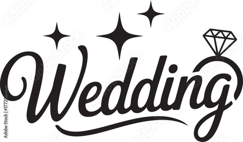 Elegant wedding text with diamond ring and sparkle accents for celebrations isolated on transparent background