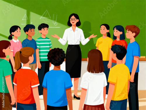 Illustration of a teacher in a classroom engaging with a diverse group of students