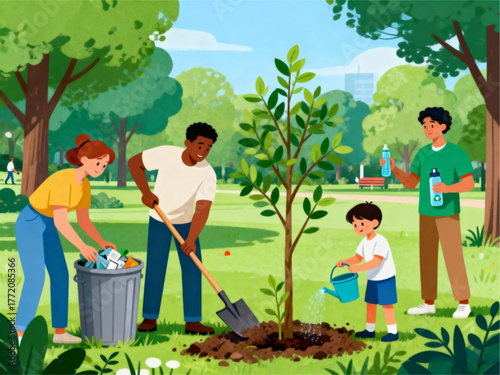 Diverse Family Planting a Tree in a Park Environmental Responsibility and Community
