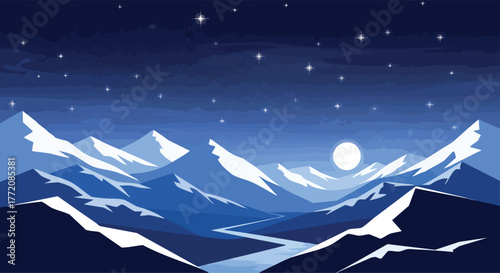 Stunning Moonlit Winter Landscape Vector Illustration with Snow-Capped Mountains and Starry Night Sky