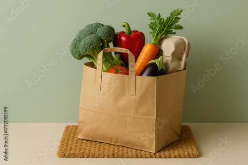 Fresh grocery bag filled with organic vegetables, carton eggs, eco friendly packaging, healthy food delivery concept