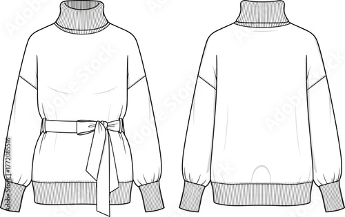 Women turtleneck sweater with belt front and back view, long sleeve winter pullover design, cozy knitwear fashion outfit, CAD drawing flat vector illustration