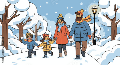 Joyful family strolls through a picturesque snow-laden park, celebrating winter together with happiness