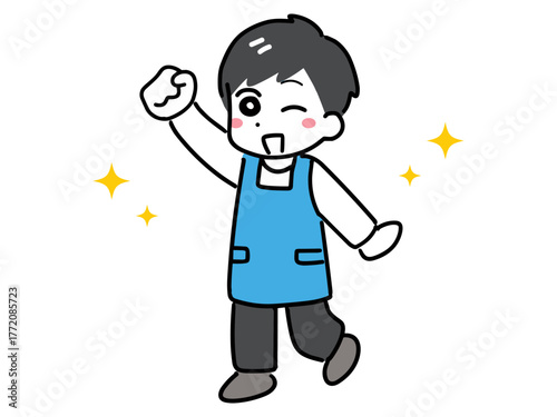 エプロン姿の若い男性が笑顔でガッツポーズをしているイラスト