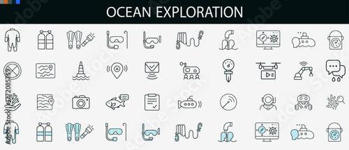 Ocean exploration icon set. Editable vector illustration of underwater tools, marine animals, and diving gear. EPS sea research pack