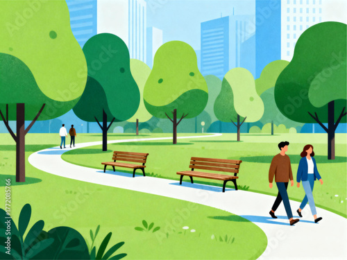 Serene City Park Scene with People Enjoying a Walk Amidst Lush Greenery and Modern Architecture