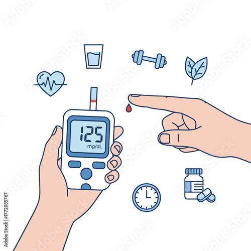 Diabetes blood test illustration with glucometer showing 125 mg/dL and health icons