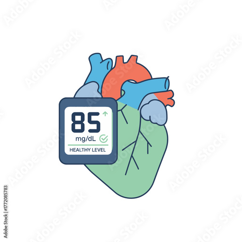Glucose meter showing healthy blood sugar level 85 mg/dL with heart symbol – diabetes control concept