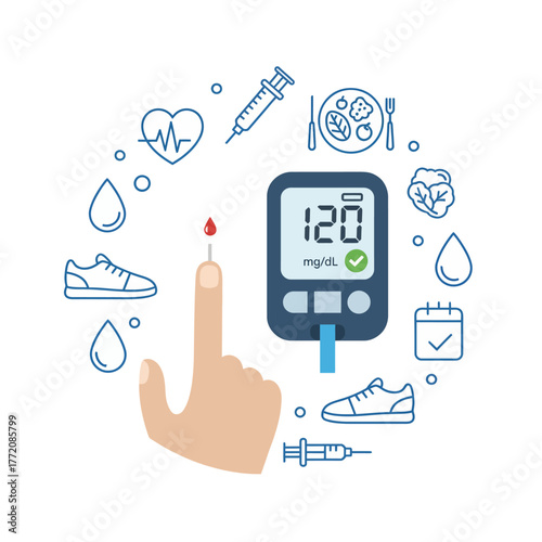 Diabetes blood test illustration with glucometer showing 120 mg/dL and health icons