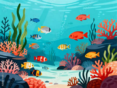 Vibrant underwater ocean scene illustration with colorful tropical fish swimming among coral reefs and marine plants, showcasing a lively aquatic ecosystem
