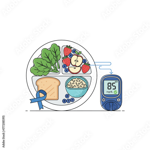 Healthy balanced plate for stable blood sugar with glucometer reading 85 mg/dL