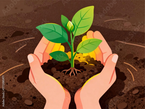 Hands cradling a young plant seedling in fertile soil, symbolizing growth and new beginnings in nature's embrace