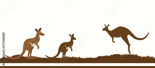 Three Kangaroos in a Stylized Landscape Hopping and Grazing in a Serene Setting