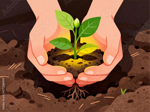 Human hands nurturing a small green plant sprout in rich dark earth, representing environmental care, new beginnings, and agriculture