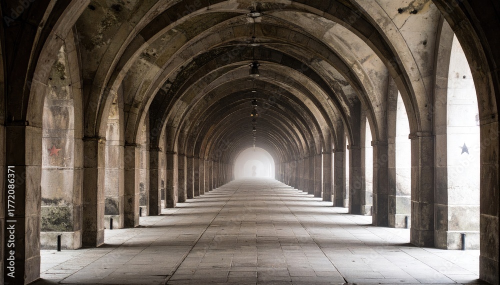 Fototapeta premium Mysterious Stone Tunnel with Fog and Haze