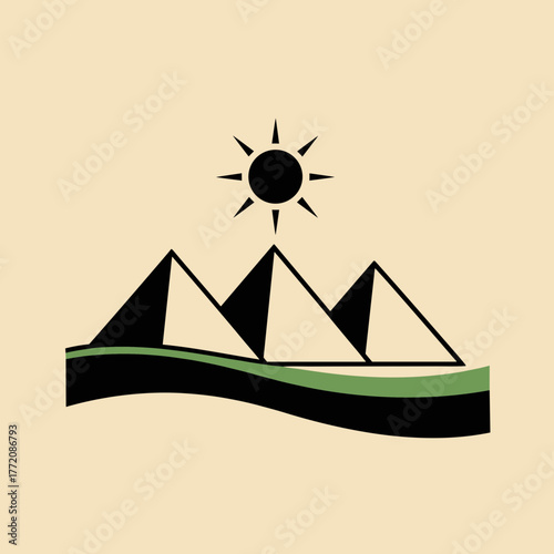 Minimalist Flat Design Illustration of the Ancient Pyramids of Giza, Egypt with Sun