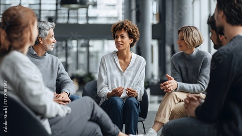 Diverse group of adults participates actively in a focused discussion circle within a modern interior setting