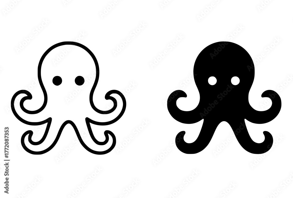 Obraz premium Minimalist icon, Octopus vector, black and white, outline and silhouette