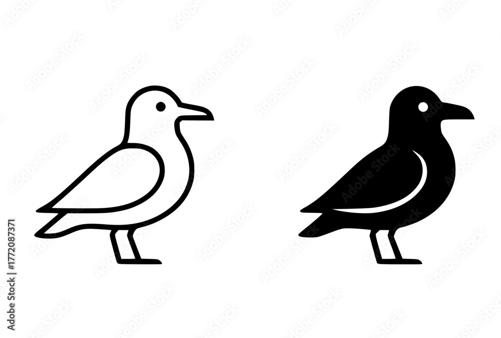 Obraz premium Minimalist icon, Seagull vector, black and white, outline and silhouette