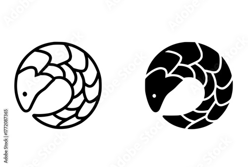 Minimalist icon, Pangolin vector, black and white, outline and silhouette