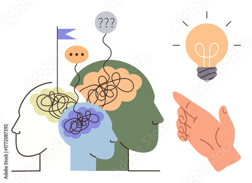 Human profiles with tangled lines in brains evolving into a glowing lightbulb hand pointing to it. Ideal for creativity, teamwork, innovation, problem-solving, guidance, strategy, simple flat