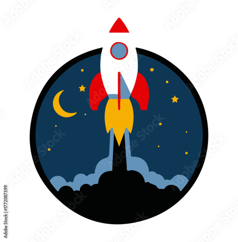 Rocket launch illustration. Editable vector drawing of space shuttle in night sky with moon and stars. EPS space exploration icon