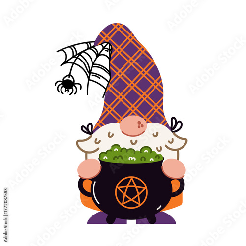 A gnome sorcerer with a magic potion, vector illustration. A funny elf with a beard holds a cauldron with elixir. A dwarf in a hat with a spider, a web. Cartoon clipart for Halloween, fall decorations