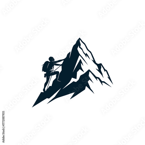 Silhouette of a climber ascending a jagged mountain peak with an ice axe.