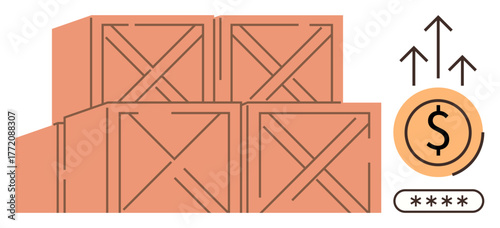 Stacked wooden crates with dollar sign and upward arrows symbolize trade, logistics growth, market trends, and increased revenue. Ideal for business, shipping, economy, growth, profit commerce