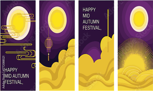 Happy Mid Autumn Festival Designs with Moon Lanterns and Stylized Clouds Keywords: Mid Autumn Festival, moon, harvest