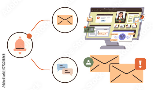 Notification bell, email icons, messaging bubbles, urgent alerts, and dashboard tracking user activity. Ideal for communication, digital tasks, alerts, workflow project management email marketing