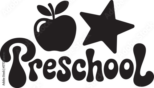 Charming black silhouette of preschool text with apple and star for educational design isolated on transparent background