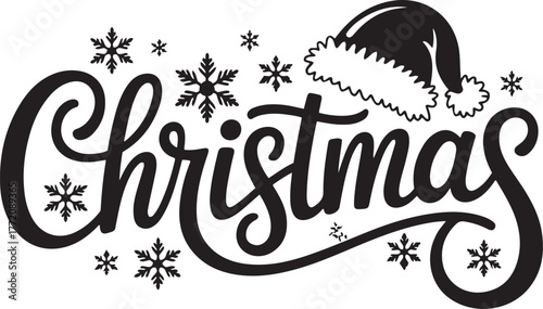 Festive christmas typography with santa hat and snowflakes for holiday celebrations isolated on transparent background